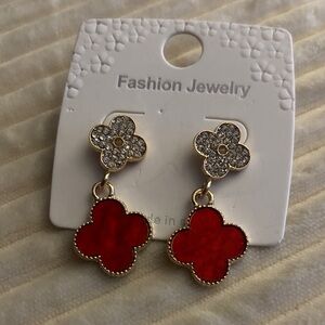 Fashion Jewelry Gold-Tone Earrings with Red Clover Drops
